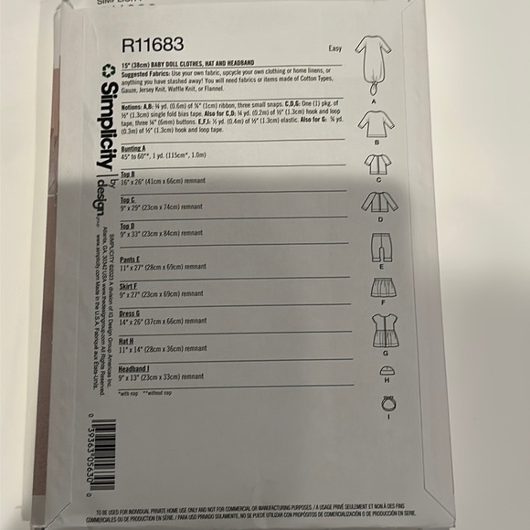 Brand new Simplicity R11683 Patterns Baby Doll clothes, Hat and Headband - Picture 3 of 3